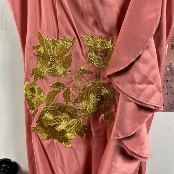 Mestiza New York Pink Satin Floral Appliqué Ruffle Gown Size 8